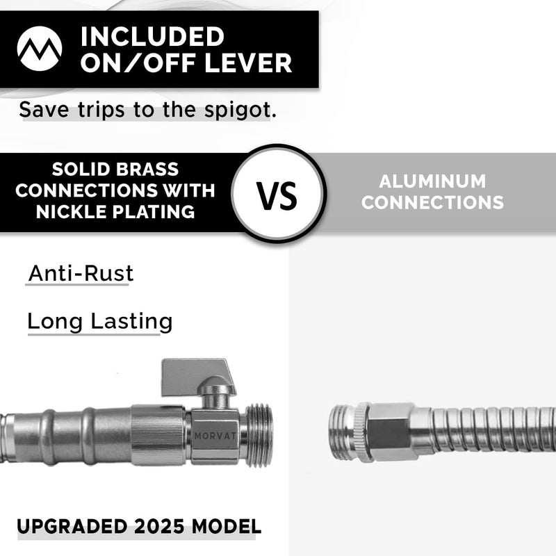 Morvat 3ft Stainless Steel Garden Hose Metal with Brass ON/OFF Valve, Heavy Duty for Nozzle, Water, Yard & Outdoor, Lightweight No-Kink, Crush & Puncture Resistant, Roll of Teflon Tape & 3 Washers - Image 2